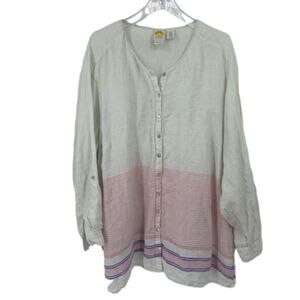 C&C California Tunic Blouse Size 3X White Pink Stripe Linen Roll Tab Sleeve